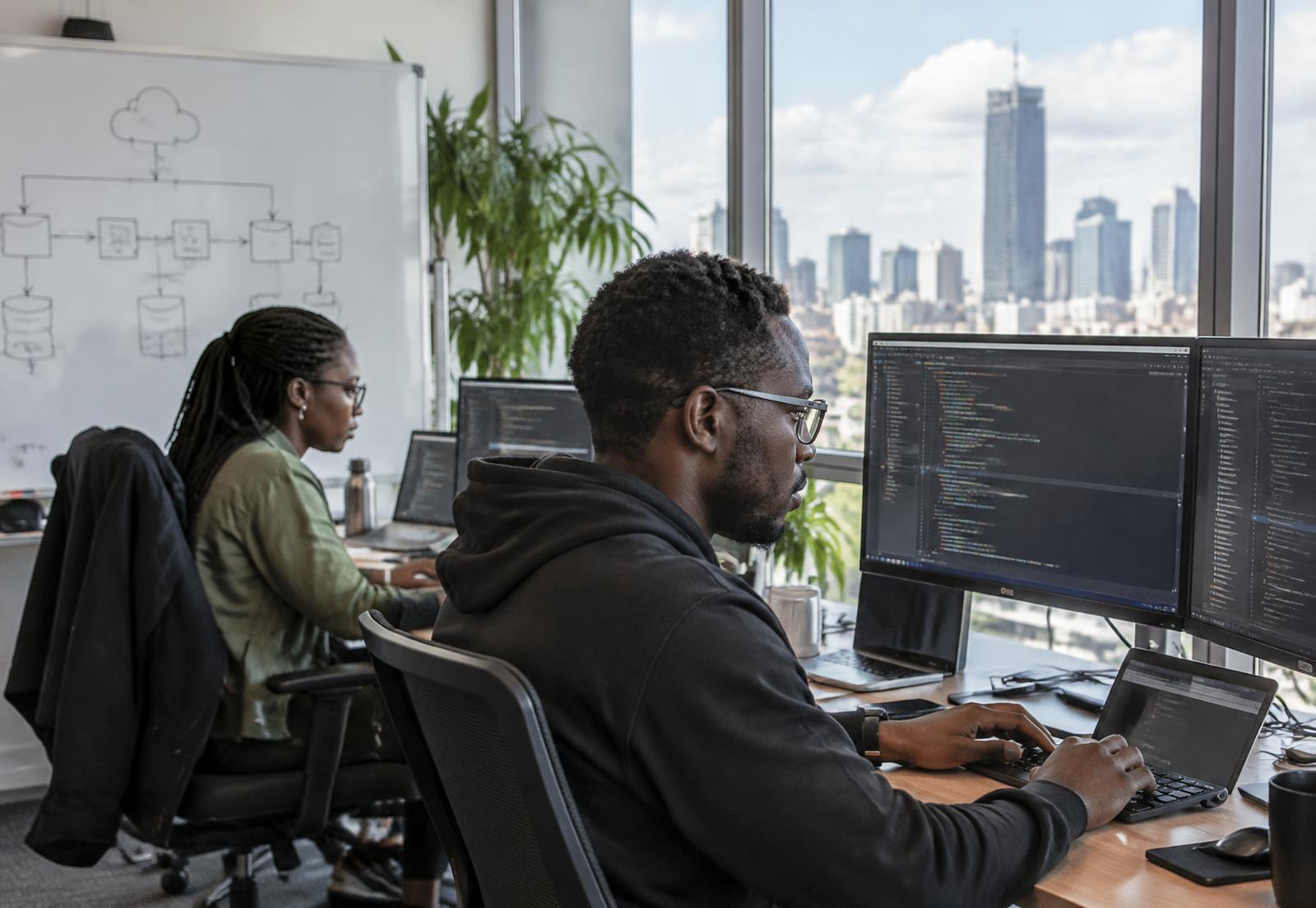 Engineers working on software architecture in a Nairobi office