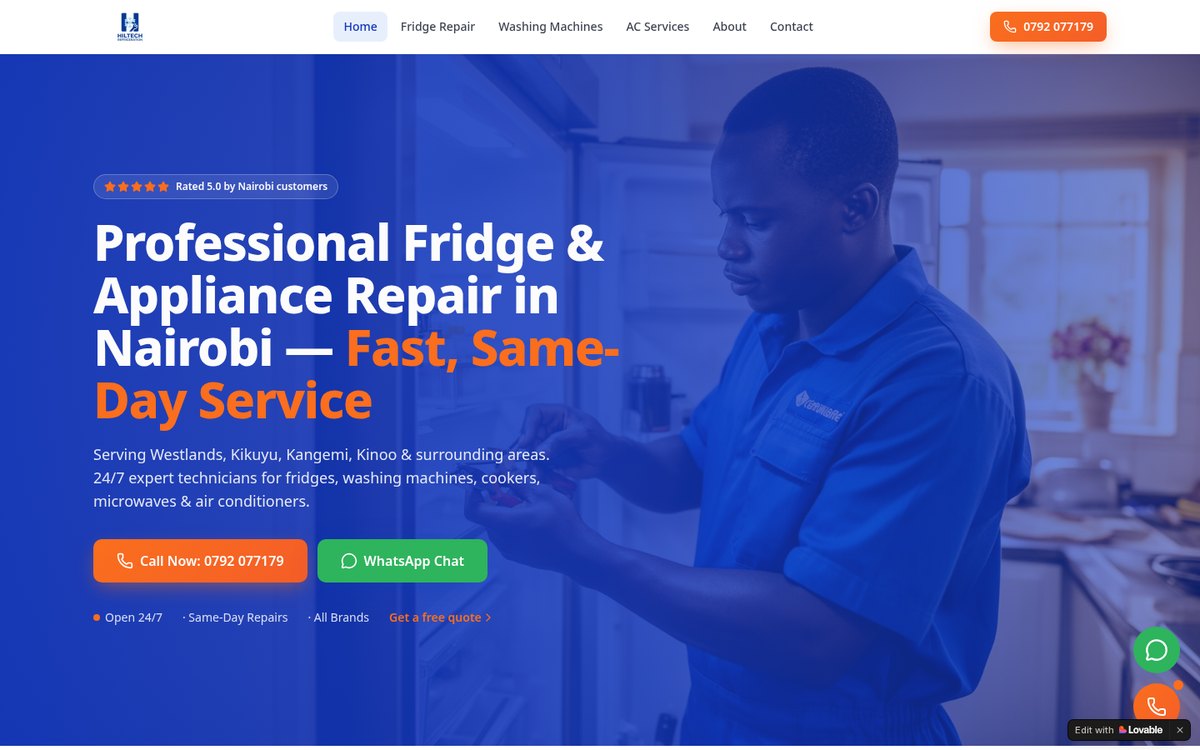 Screenshot of Hiltech Refrigeration built by ClintonStack Technologies